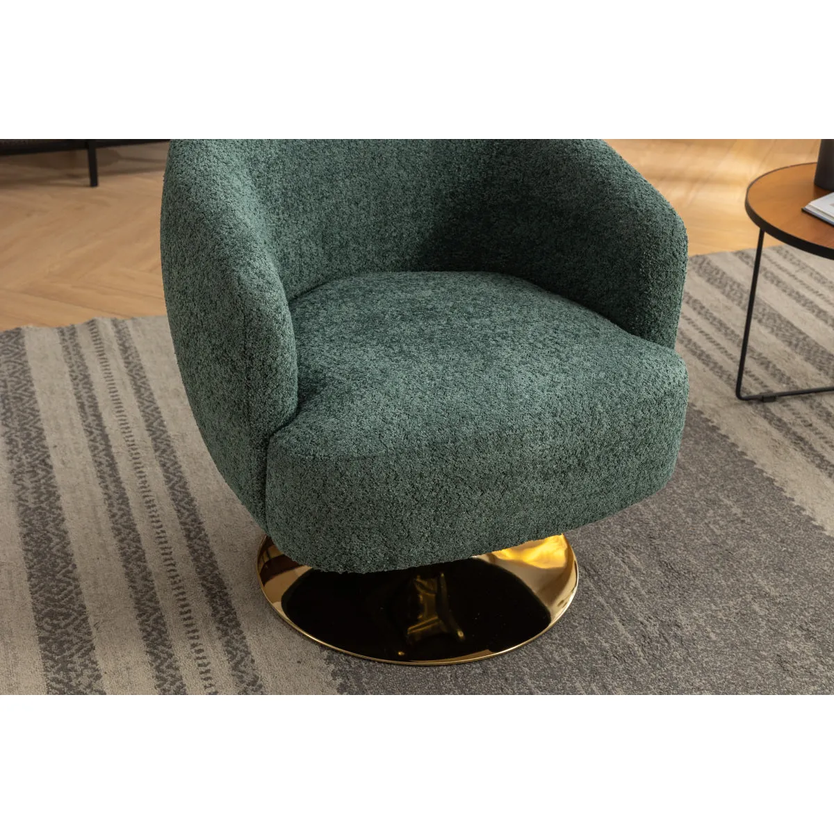 048-Chenille Fabric Accent Swivel Chair With Gold Metal Round Base,Green