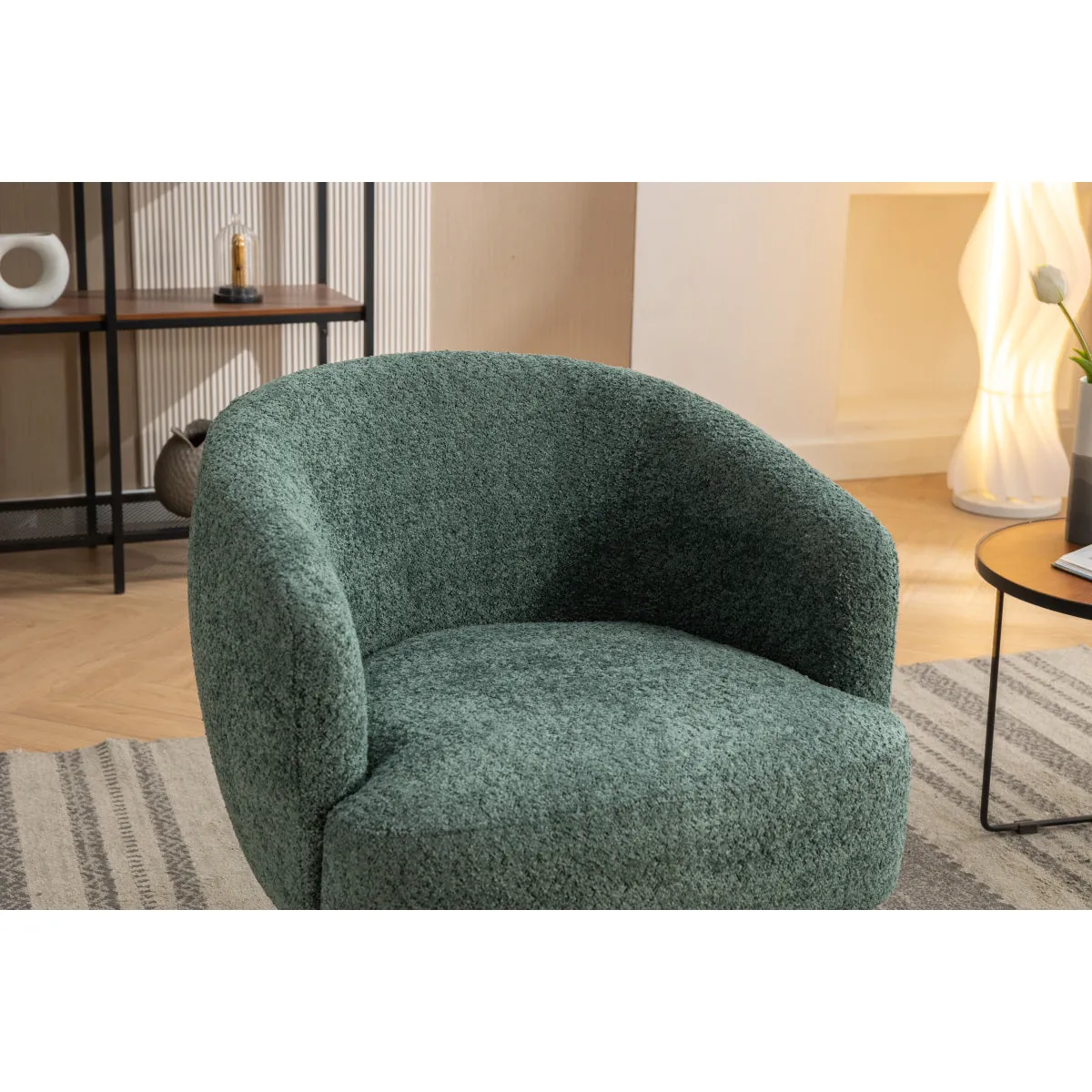 048-Chenille Fabric Accent Swivel Chair With Gold Metal Round Base,Green