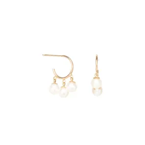 14k 3 Dangling Pearls Thin Huggie Hoops