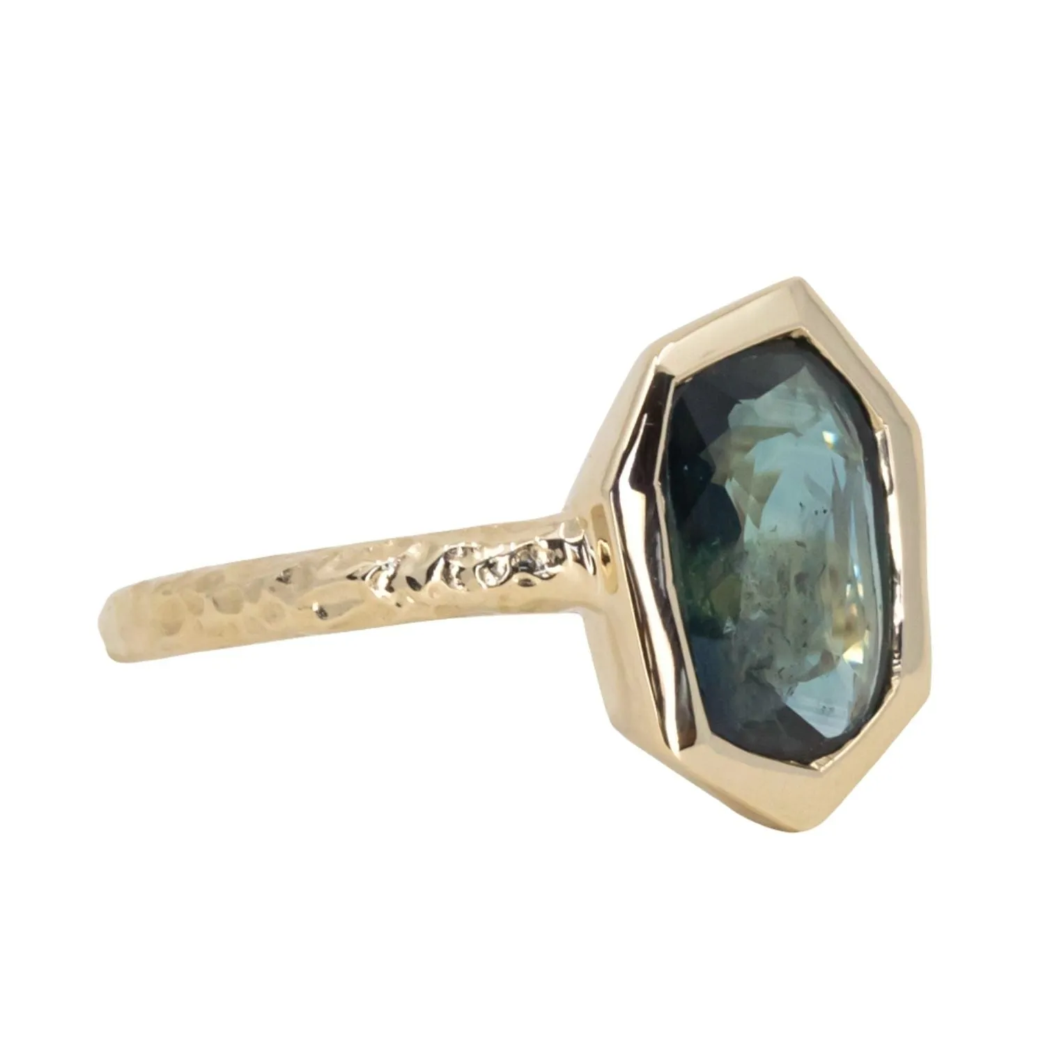 1.93ct Green Teal Geo Slice Sapphire Evergreen Low Profile Bezel Solitaire Ring in 14k Yellow Gold