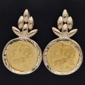 2004 China Panda 20 Yuan 1/20 Oz Au.999 Coin 14K Yellow Gold Bezel Earrings