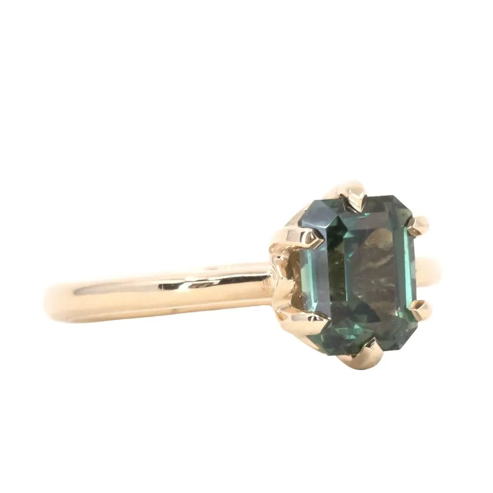 2.08ct Emerald cut Green Sapphire Lotus Six Prong Solitaire in 14k Yellow Gold