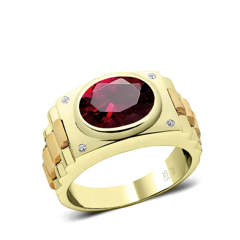 925 Silver Ring with Ruby 5 Stone Genuine DIAMOND Band Gold Plated Red Gemstone Jewelry