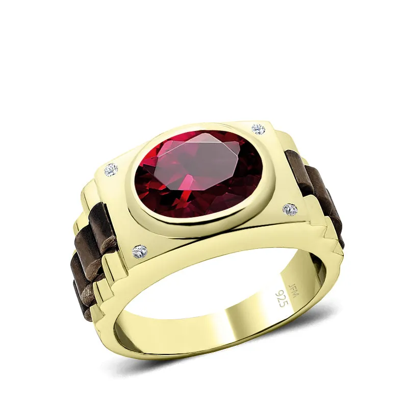 925 Silver Ring with Ruby 5 Stone Genuine DIAMOND Band Gold Plated Red Gemstone Jewelry