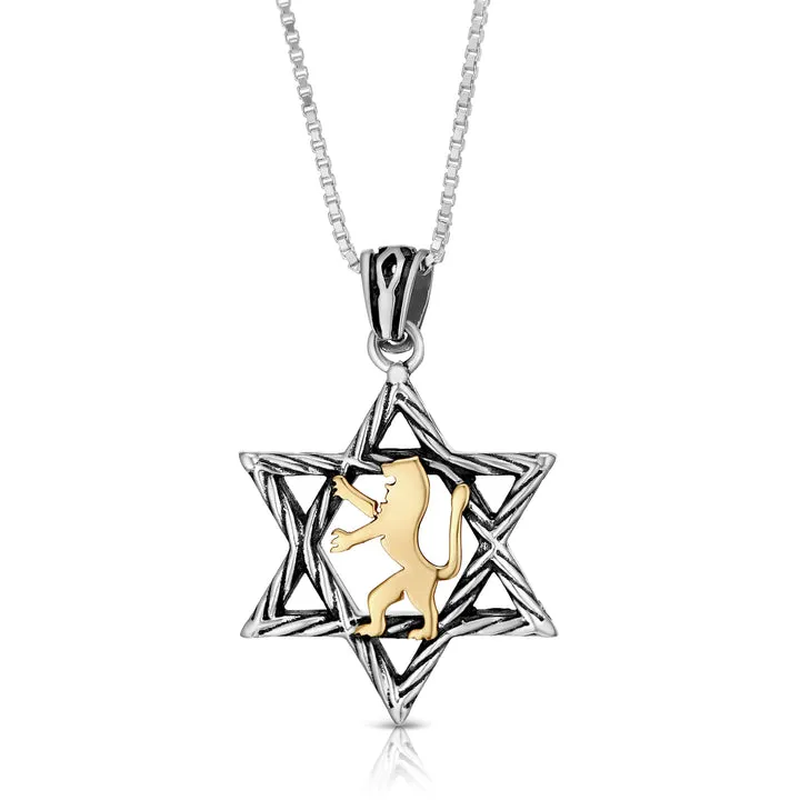 925 Sterling Silver Star of David with 9K Gold Lion of Judah Pendant, men Sterling Silver necklace, jewish jewelry