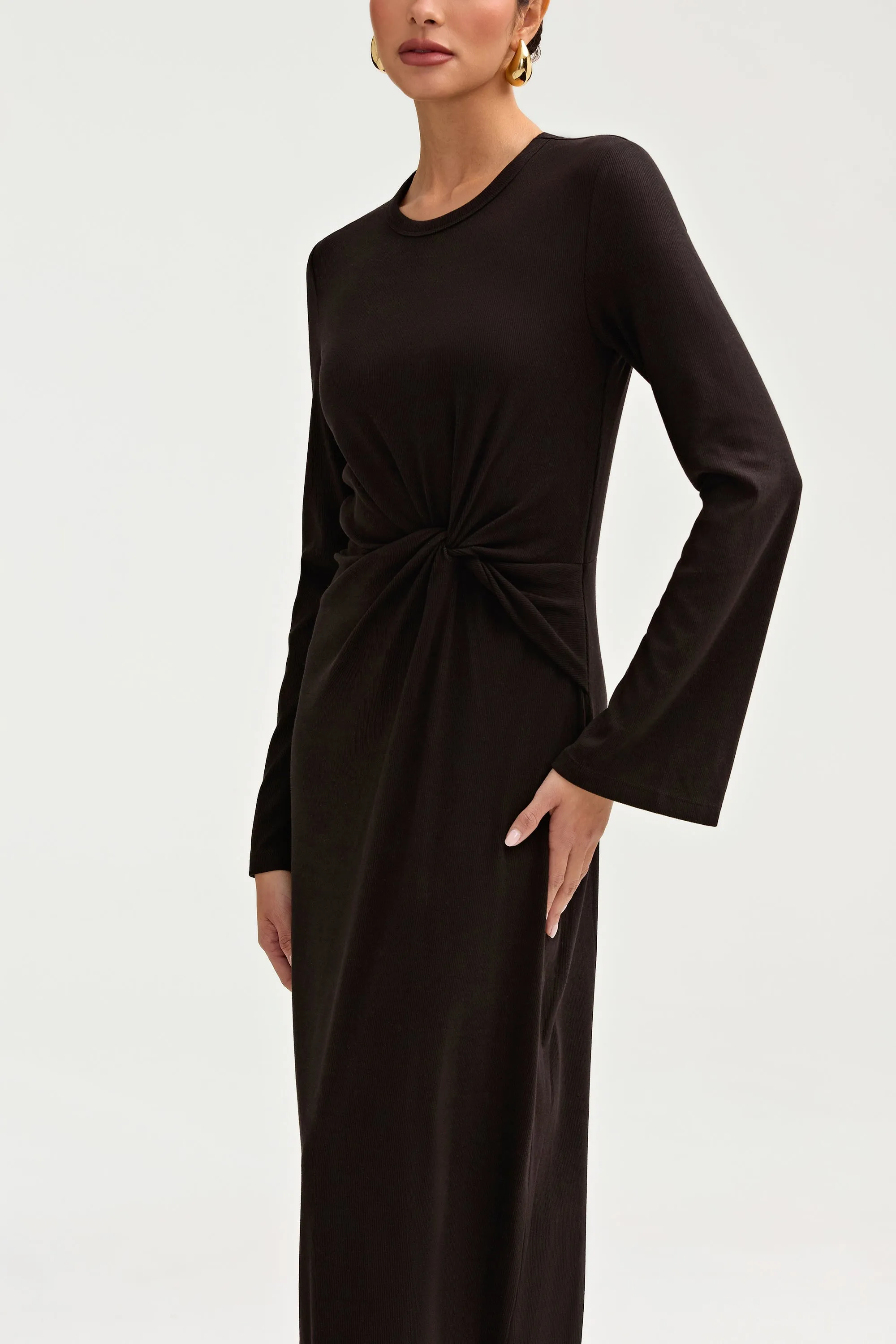 Aissia Ribbed Twist Front Maxi Dress - Black