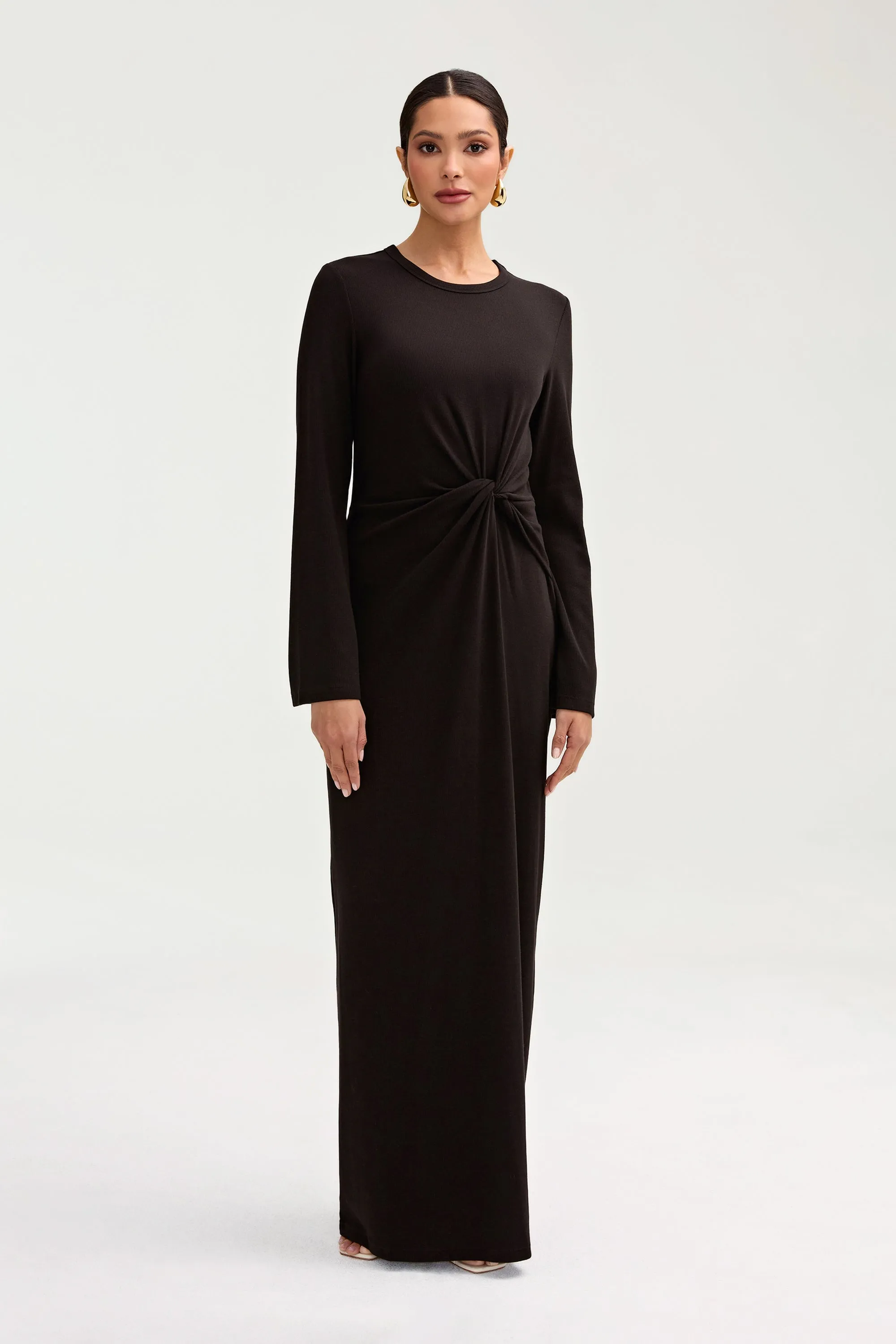 Aissia Ribbed Twist Front Maxi Dress - Black