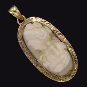 Antique 14K Yellow Gold Angel Skin Coral Oval Cameo Pendant 26.9 x 13.8 mm