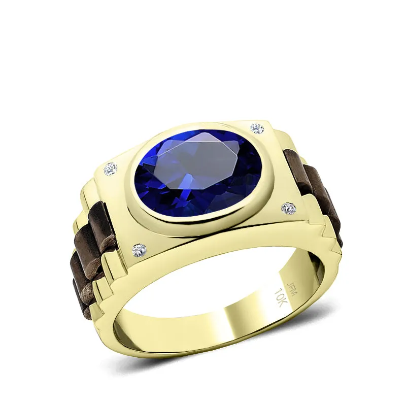 Blue Stone Ring for Man with Natural Diamonds 4.50ct Oval Sapphire in 10k Gold