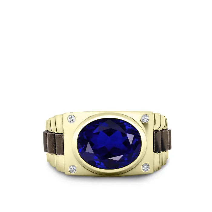 Blue Stone Ring for Man with Natural Diamonds 4.50ct Oval Sapphire in 10k Gold