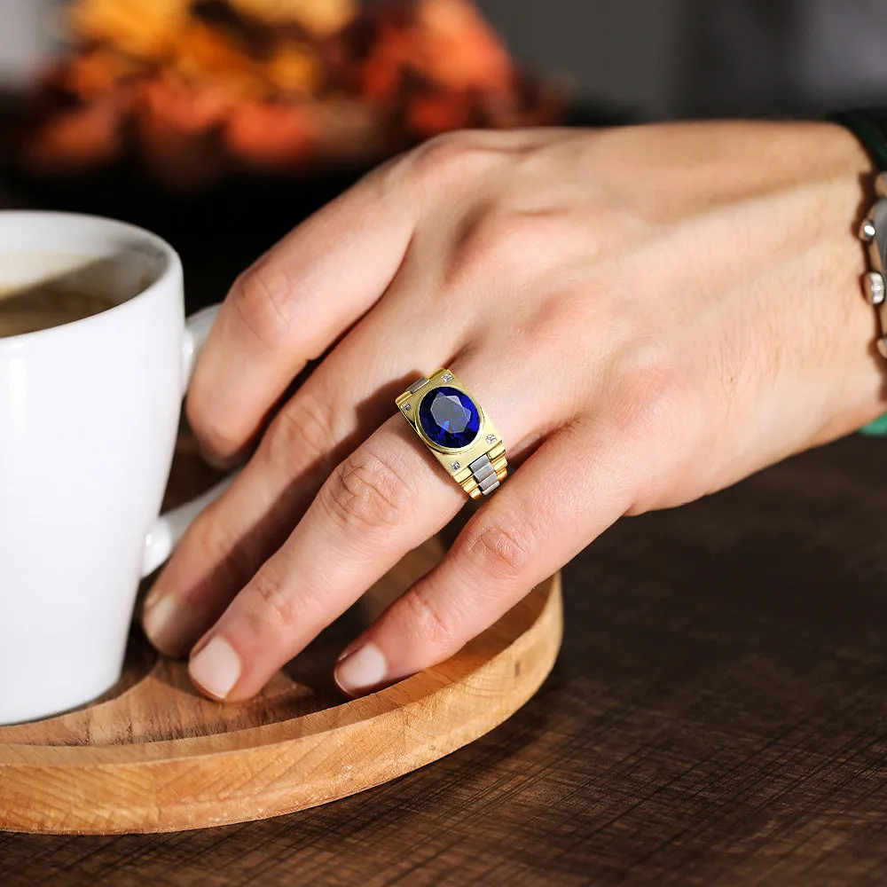 Blue Stone Ring for Man with Natural Diamonds 4.50ct Oval Sapphire in 10k Gold