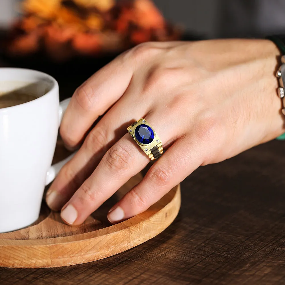 Blue Stone Ring for Man with Natural Diamonds 4.50ct Oval Sapphire in 10k Gold