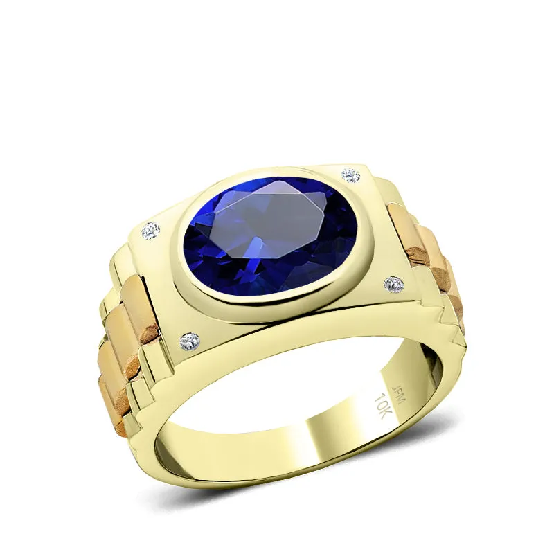 Blue Stone Ring for Man with Natural Diamonds 4.50ct Oval Sapphire in 10k Gold