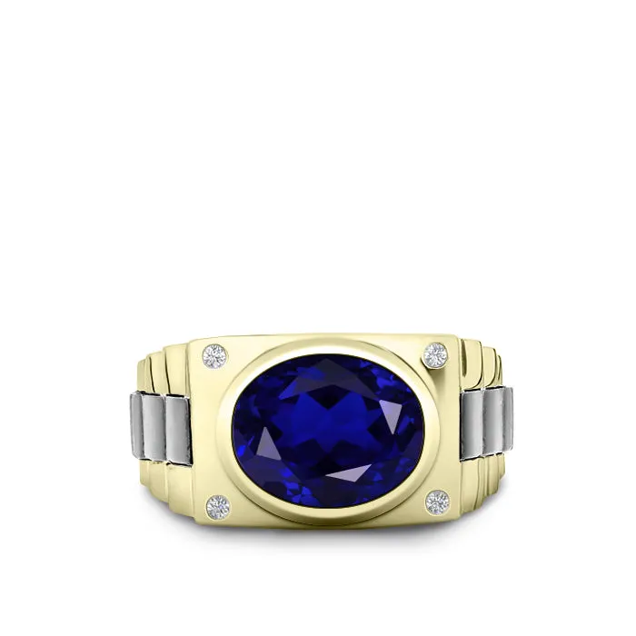 Blue Stone Ring for Man with Natural Diamonds 4.50ct Oval Sapphire in 10k Gold