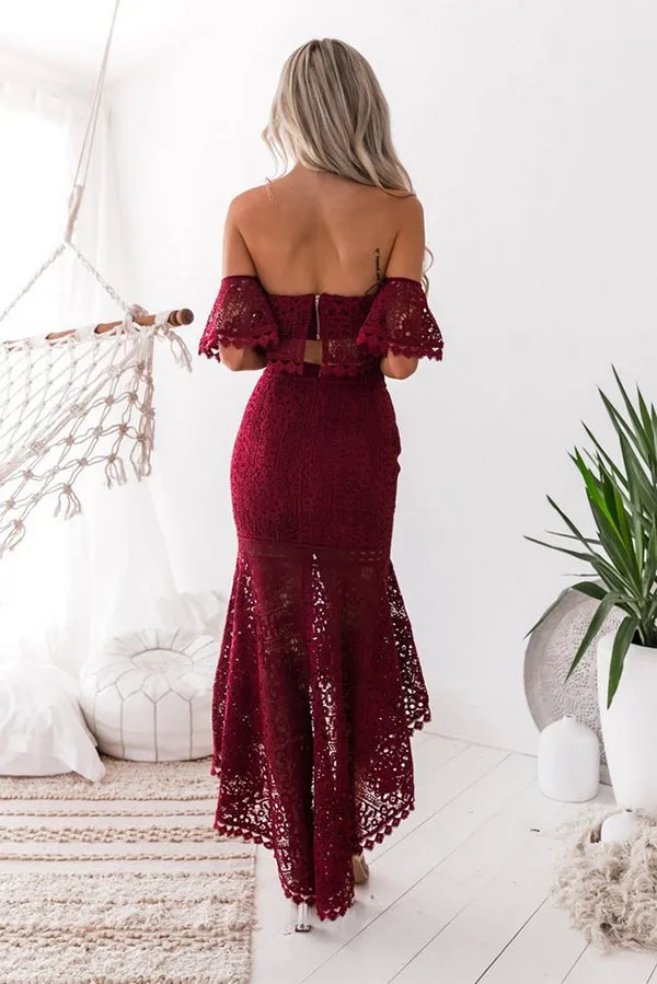 Burgundy Two Piece High Low Off-the-Shoulder Mermaid Lace Homecoming Dresses