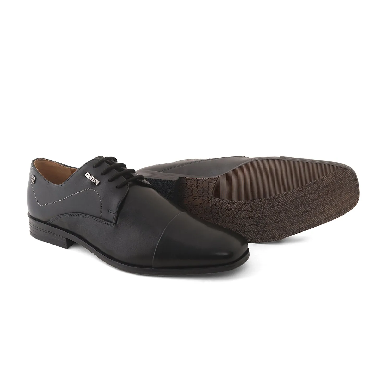 Ezok Black Formal Cap Toe Leather Derby Shoes