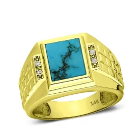 Fine 14K Yellow Gold Turquoise Mens Ring with 0.08ct Natural 4 Diamonds