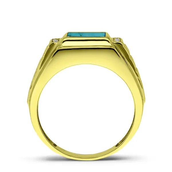 Fine 14K Yellow Gold Turquoise Mens Ring with 0.08ct Natural 4 Diamonds