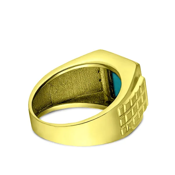 Fine 14K Yellow Gold Turquoise Mens Ring with 0.08ct Natural 4 Diamonds