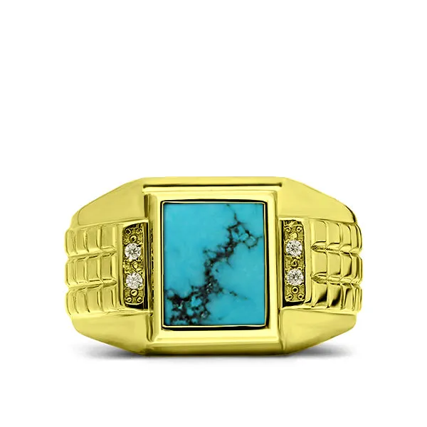 Fine 14K Yellow Gold Turquoise Mens Ring with 0.08ct Natural 4 Diamonds