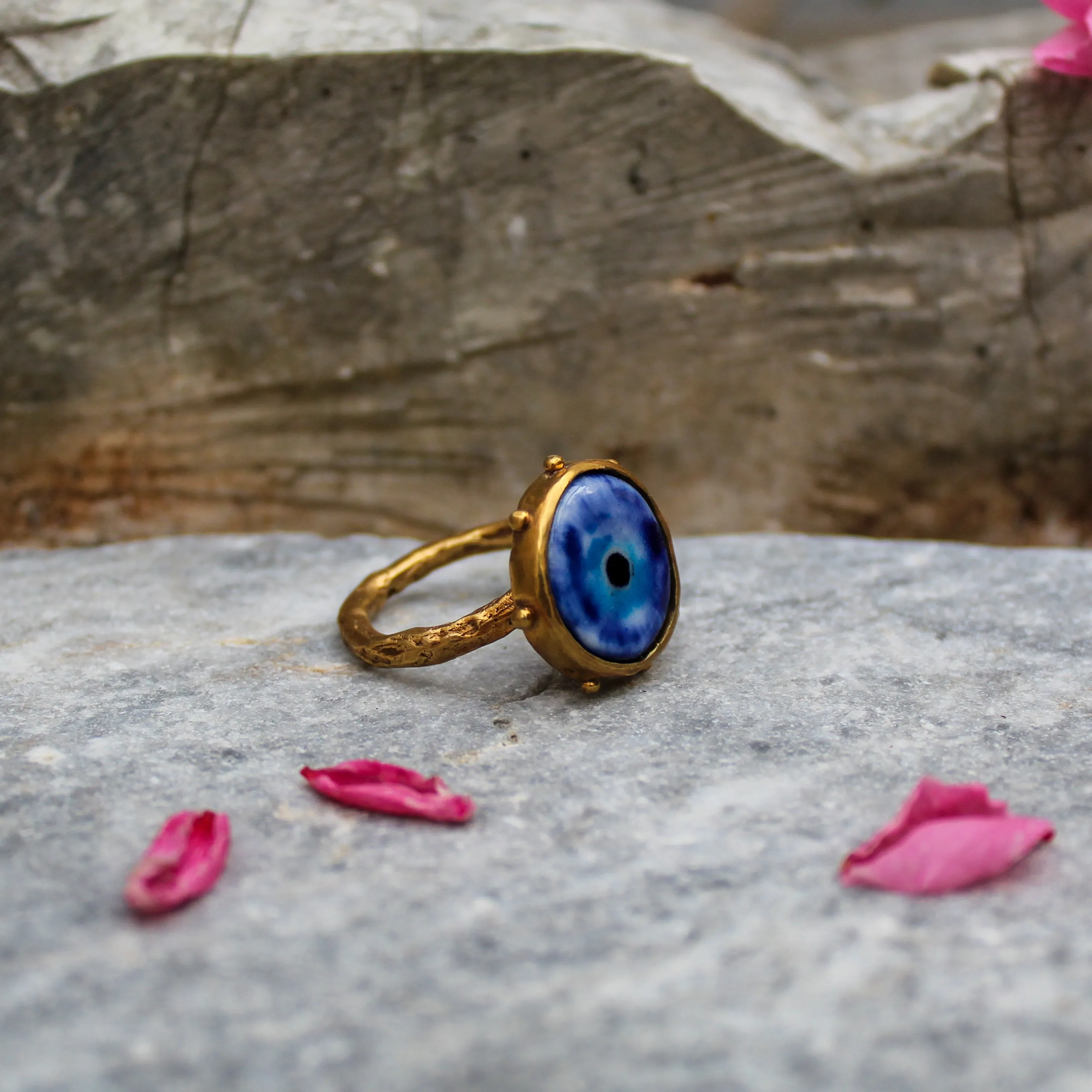 Handmade adjustable ring with porcelain Evil Eye stone