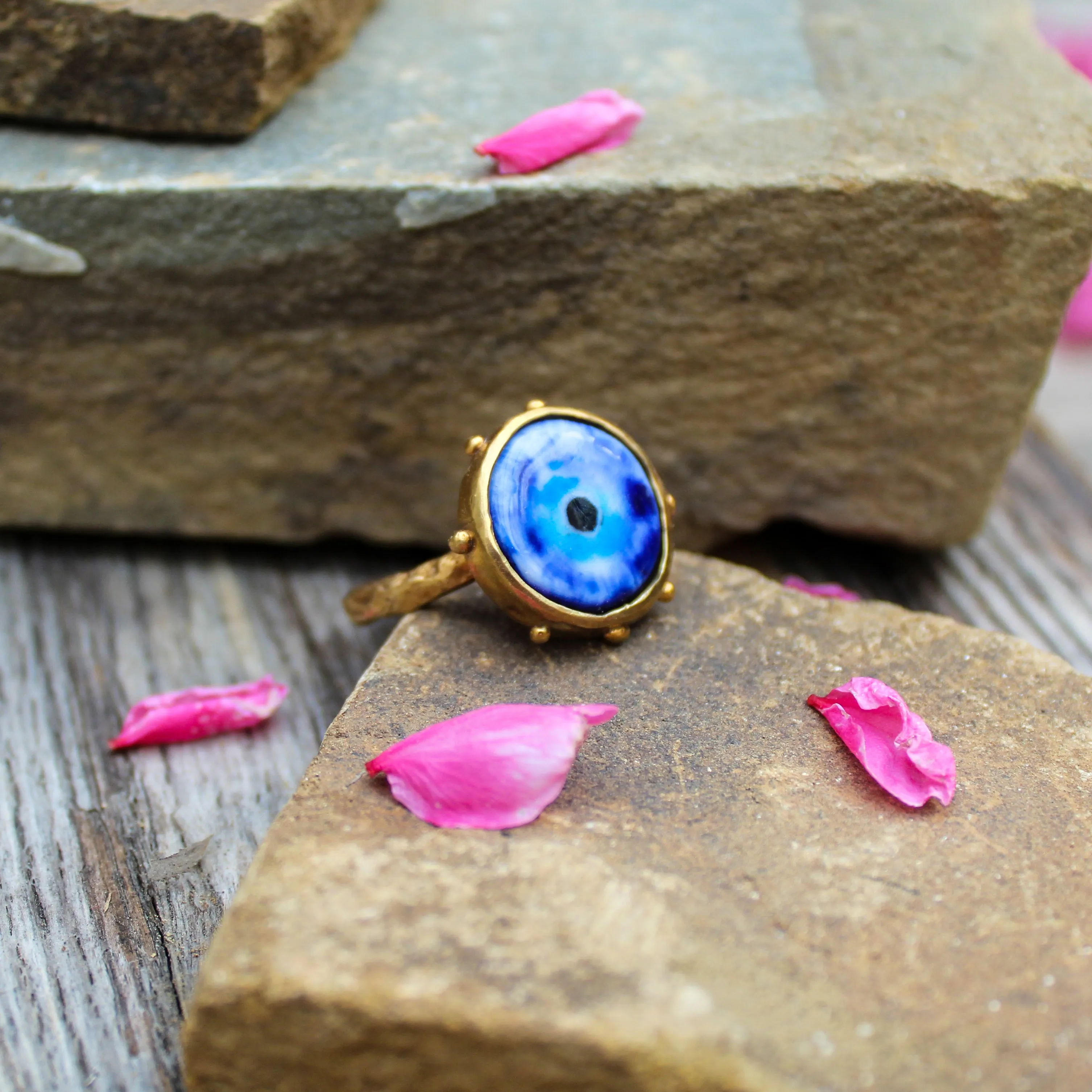 Handmade adjustable ring with porcelain Evil Eye stone