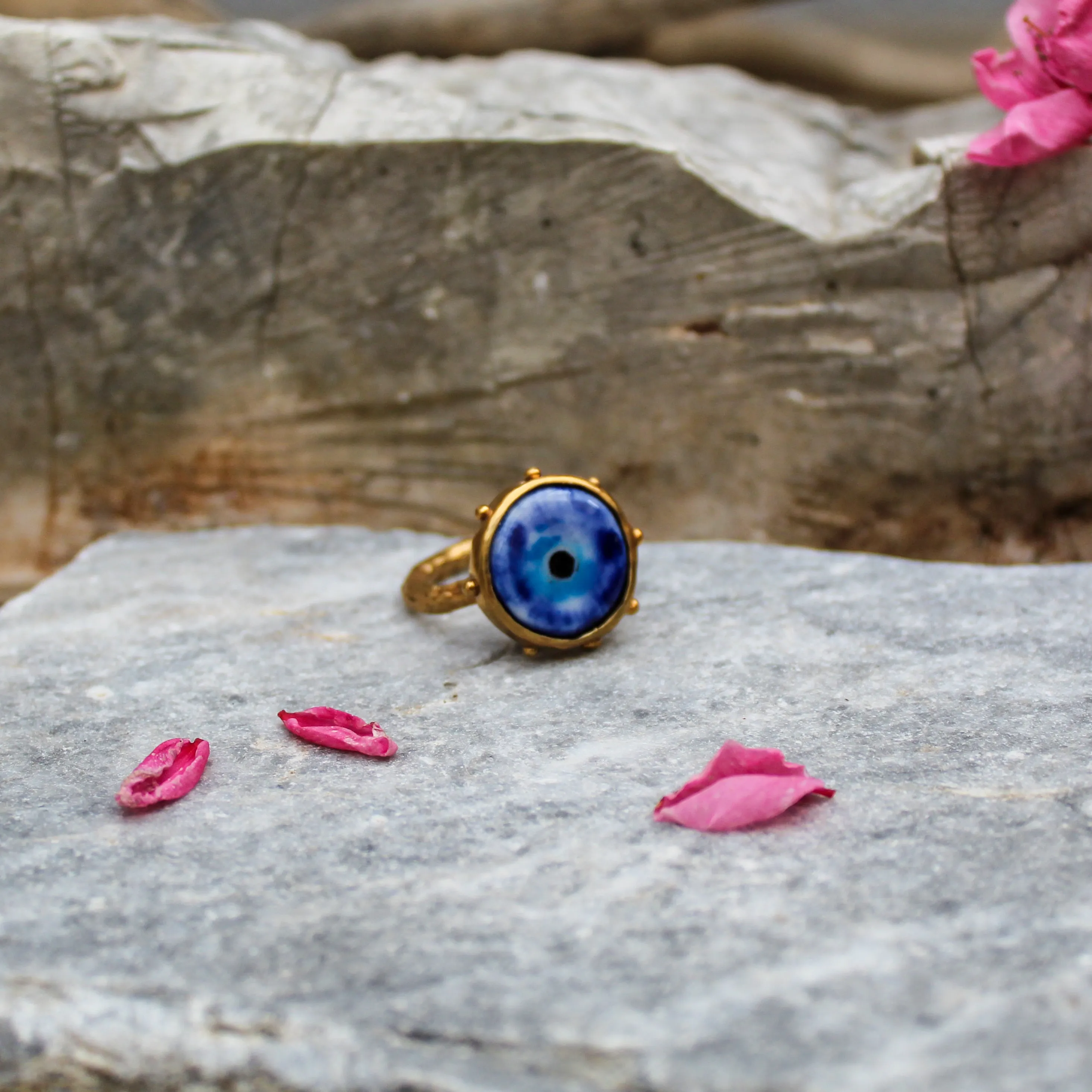 Handmade adjustable ring with porcelain Evil Eye stone