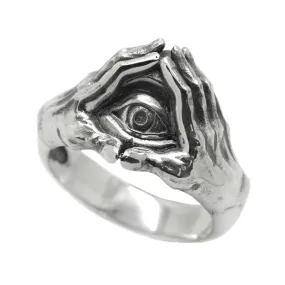 Hands Holding Eye, All Seeing Eye Providence, Freemasonry Delta, Masonic Occult Silver Ring