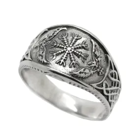 Helm of Awe, Vegvisir, Runic Circle, Runic Compass, Sterling Silver Mens Ring