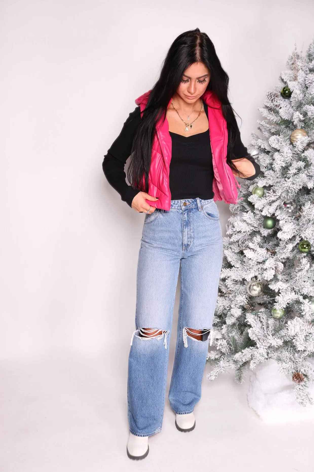 Holiday Fuchsia Puffer Vest Hoodie