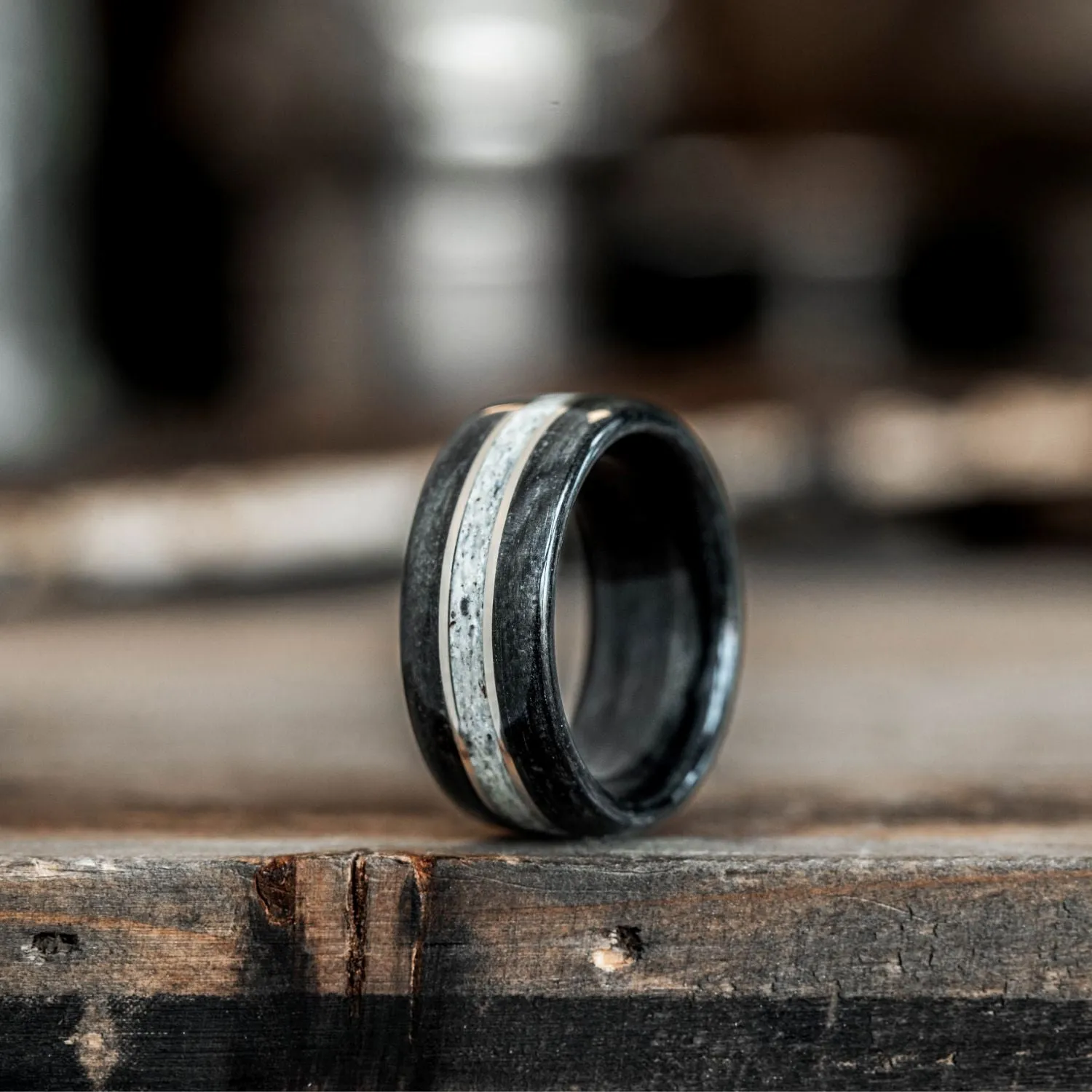 (In-Stock) The Frontiersman | Men's Whiskey Barrel & Elk Antler Wedding Band with Dual 14k White Gold Inlays - Size 7 | 9mm Wide