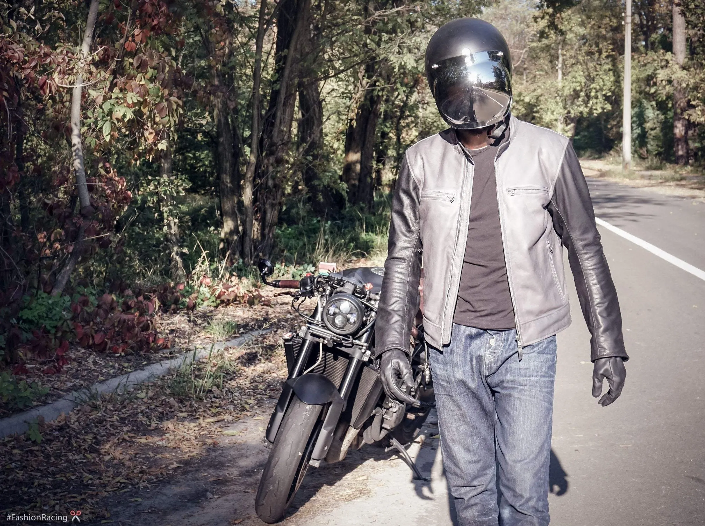 Men’s Slim Fit Motorcycle Jacket | Grey & Black Leather | Handcrafted