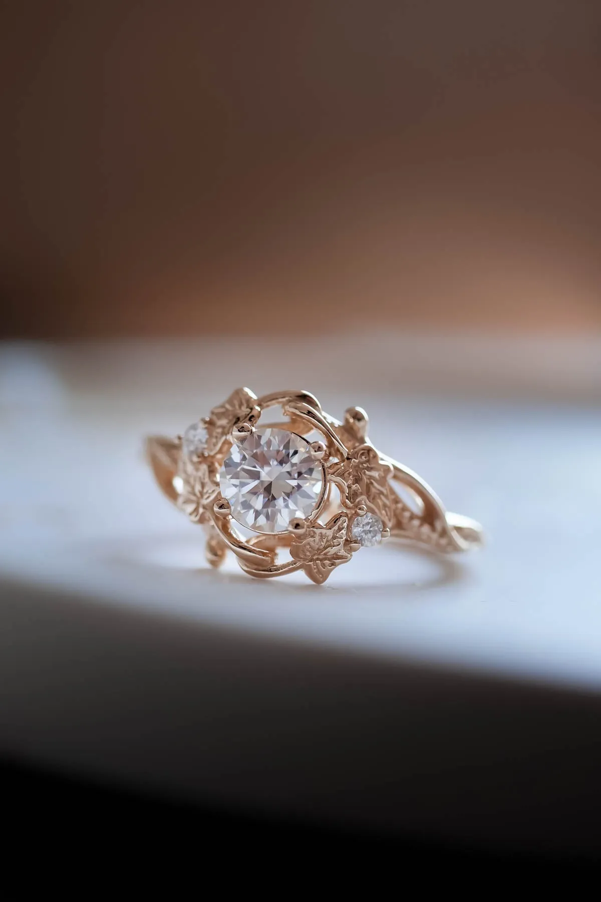 Moissanite engagement ring, gold leaves ring / Ivy Undina