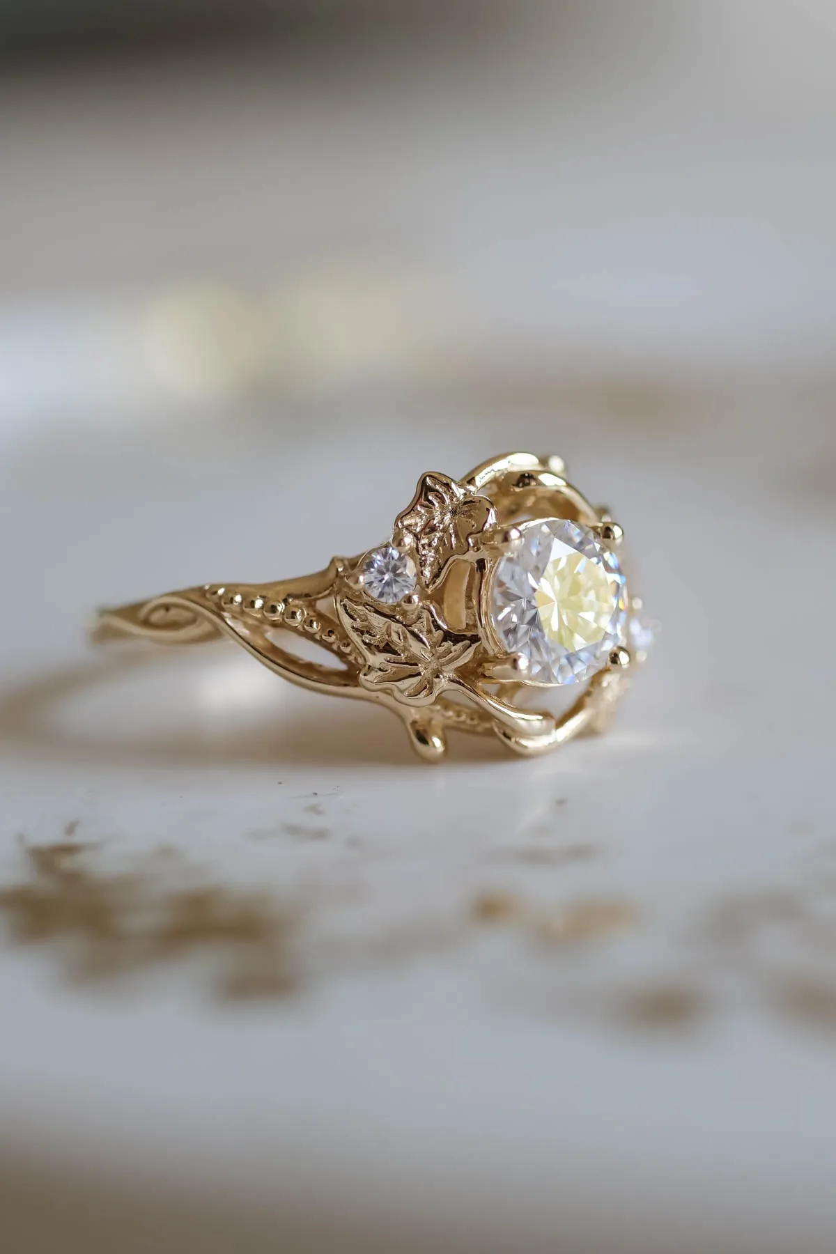 Moissanite engagement ring, gold leaves ring / Ivy Undina