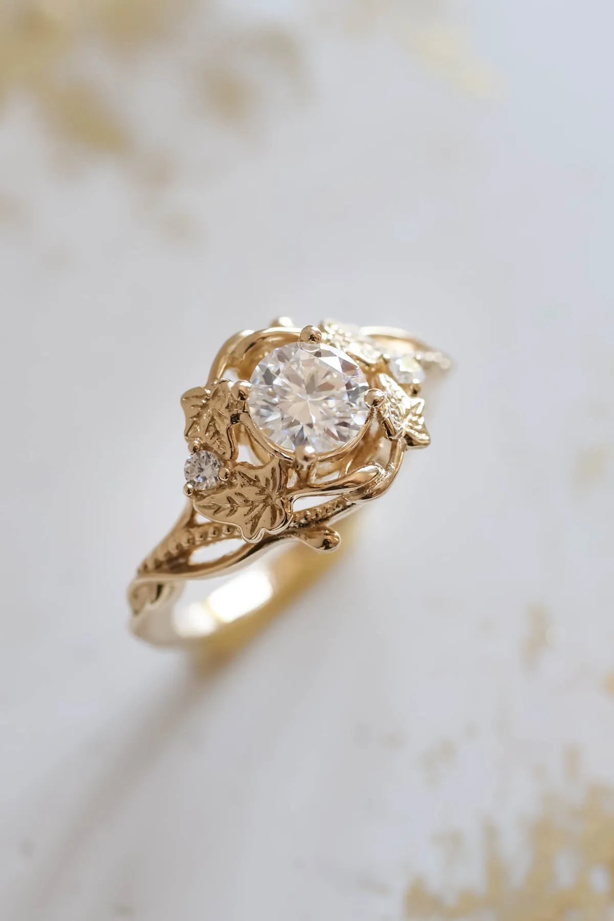 Moissanite engagement ring, gold leaves ring / Ivy Undina