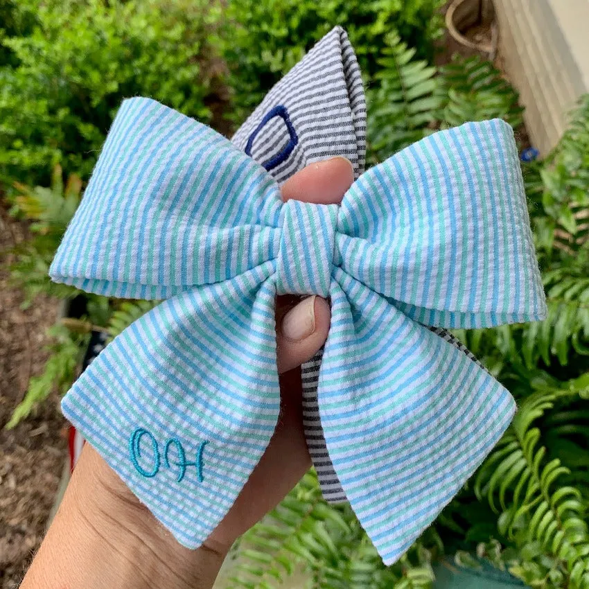 Monogram Dog Bow Ties and Girl Bows in Seersucker