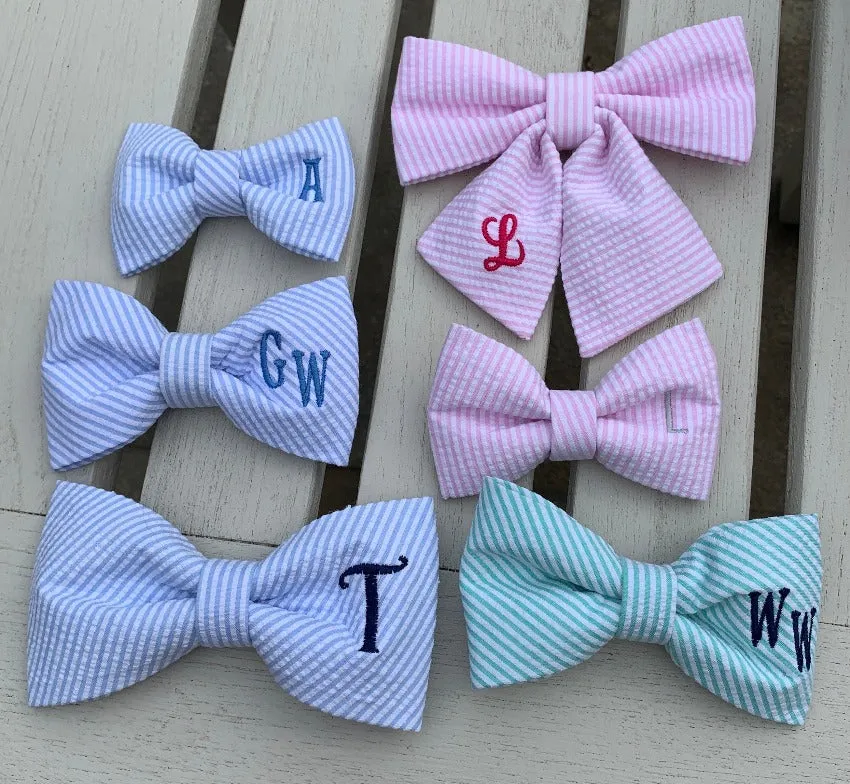 Monogram Dog Bow Ties and Girl Bows in Seersucker