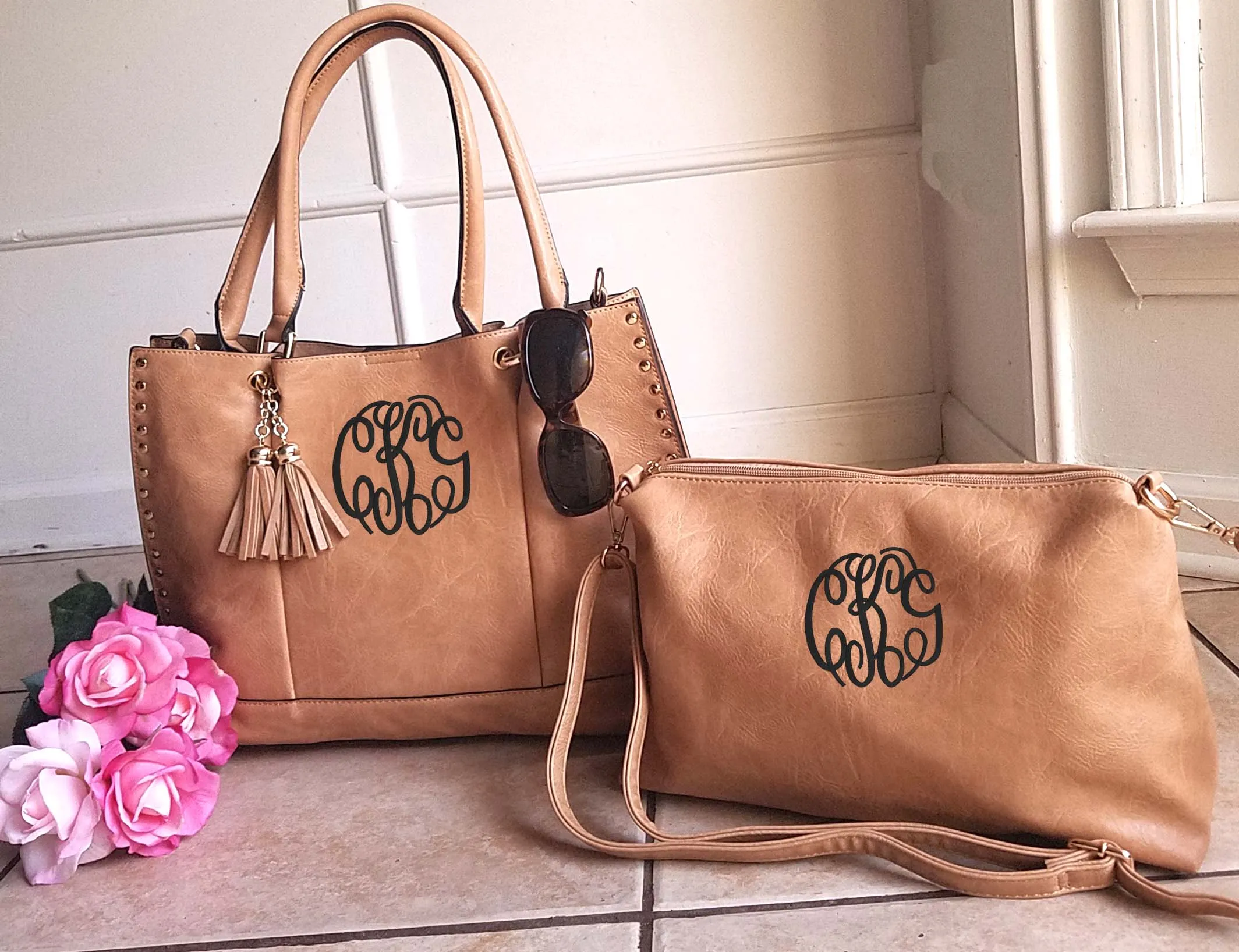 Monogram grommet tassel Tote - 2-in-1 Vegan Leather Handbag