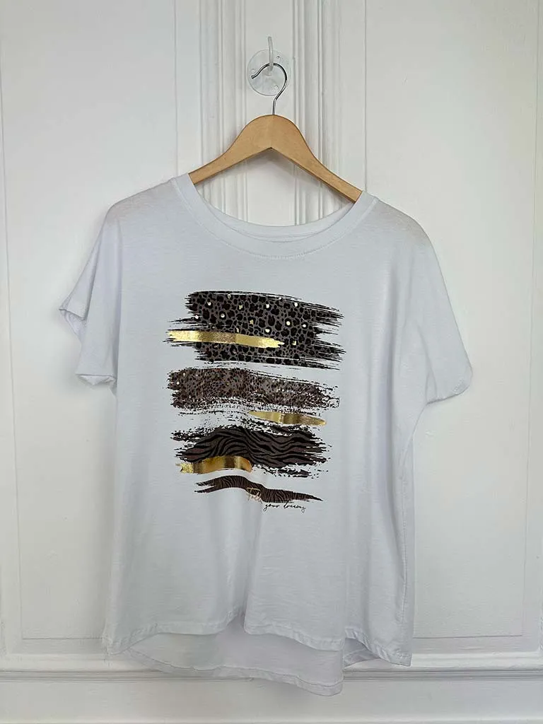 Paint Stroke Animal Print Tee - White & Mocha