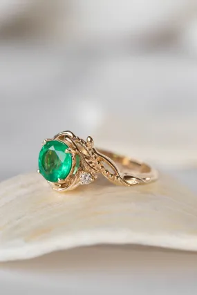 READY TO SHIP: Undina ring in 14K yellow gold, natural emerald round cut 7.5 mm, natural diamonds, RING SIZE - 7 US