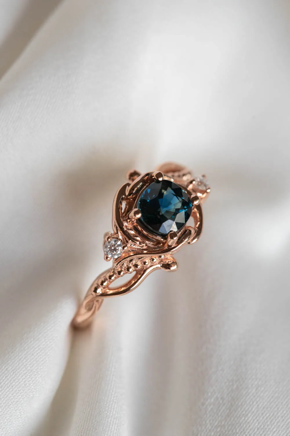 Teal sapphire cushion cut engagement ring, rose gold ring with diamonds / Undina