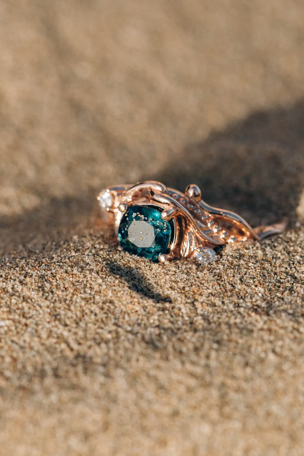 Teal sapphire cushion cut engagement ring, rose gold ring with diamonds / Undina