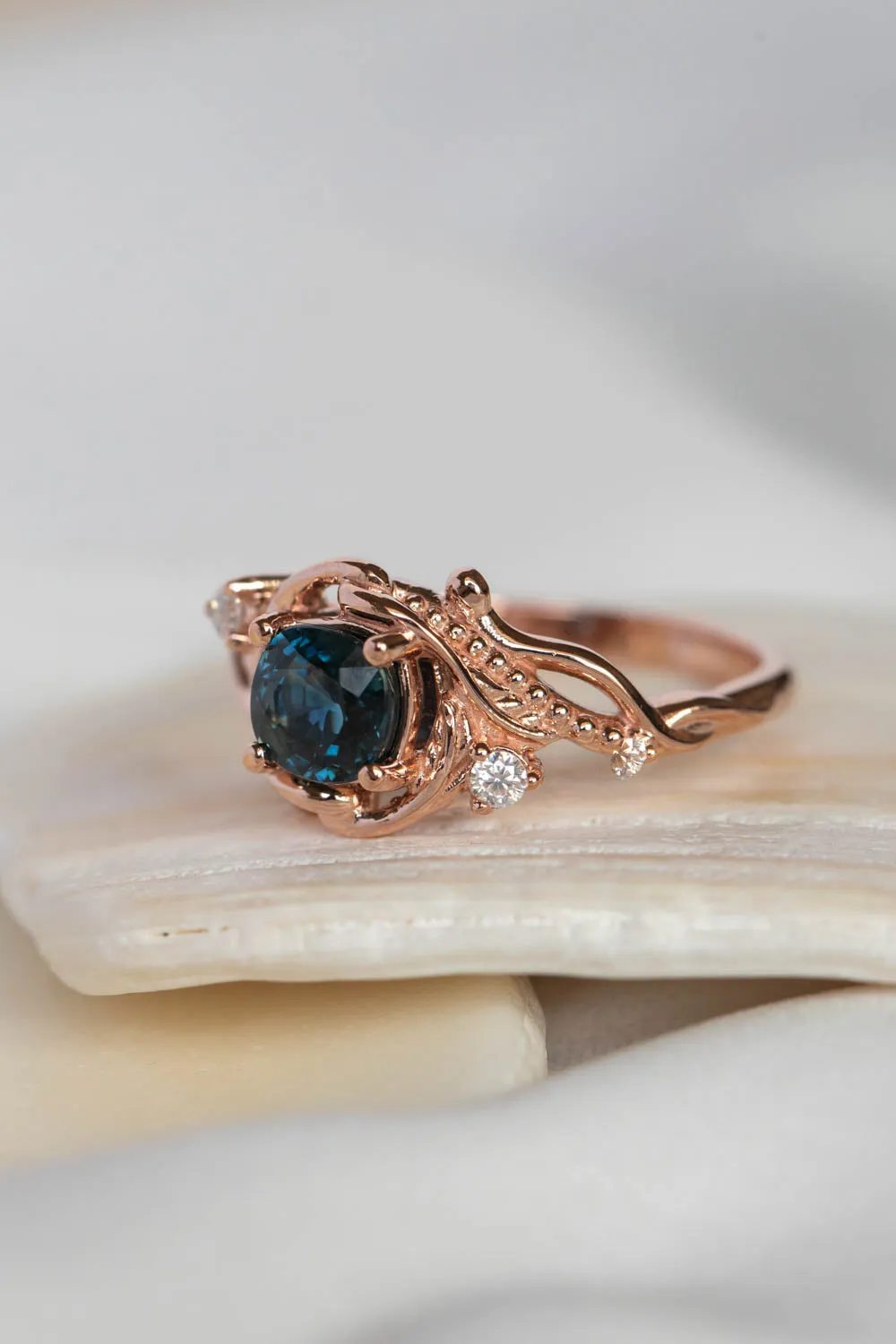 Teal sapphire cushion cut engagement ring, rose gold ring with diamonds / Undina