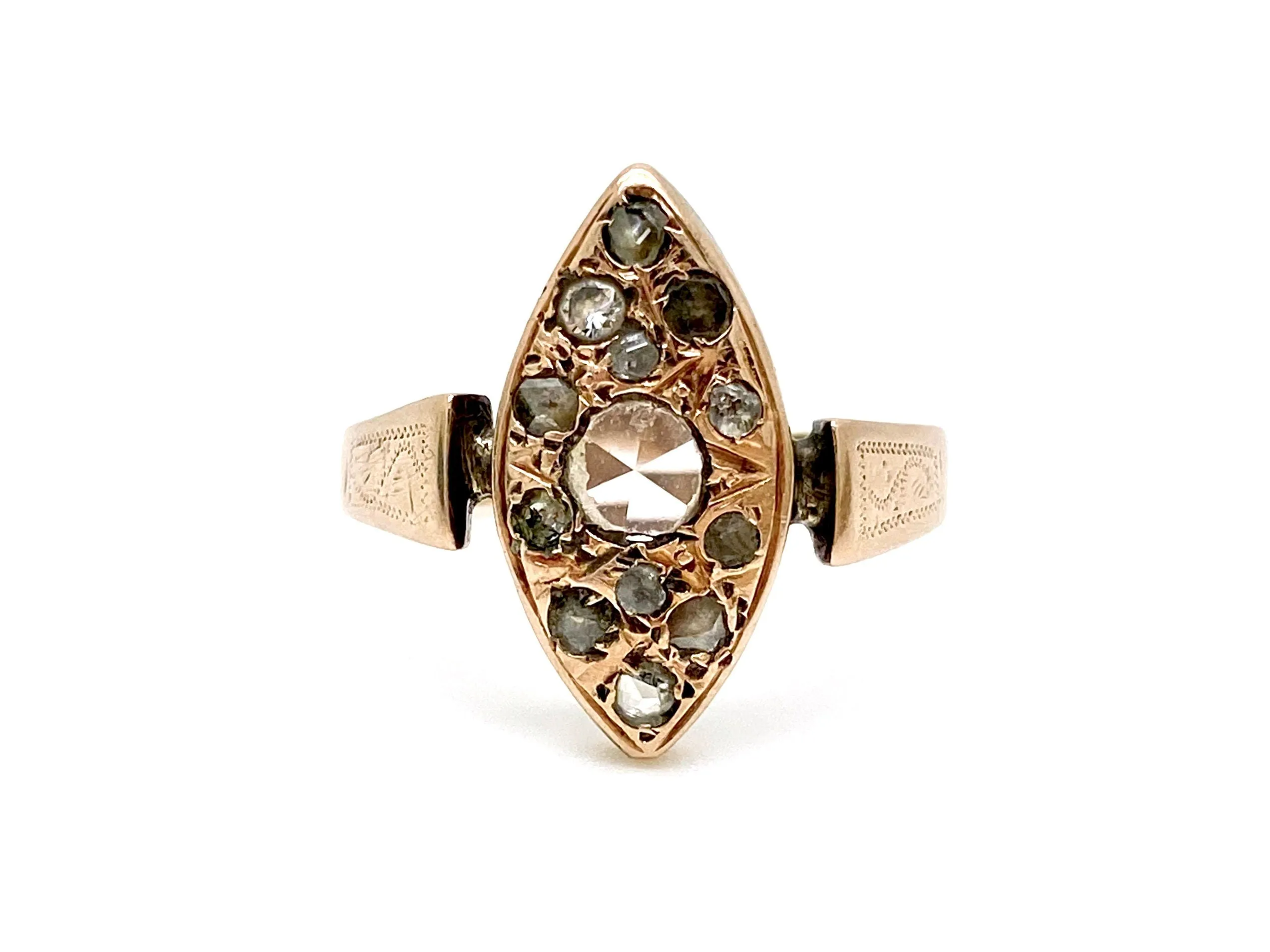 V I N T A G E // Victorian wonder / 10k yellow gold rose cut diamond navette / size 9