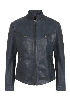 Women's Navy 'Sky' Blue Leather Biker Jacket with Plenty of Style and Nicely Fitted - 'CHLOE'